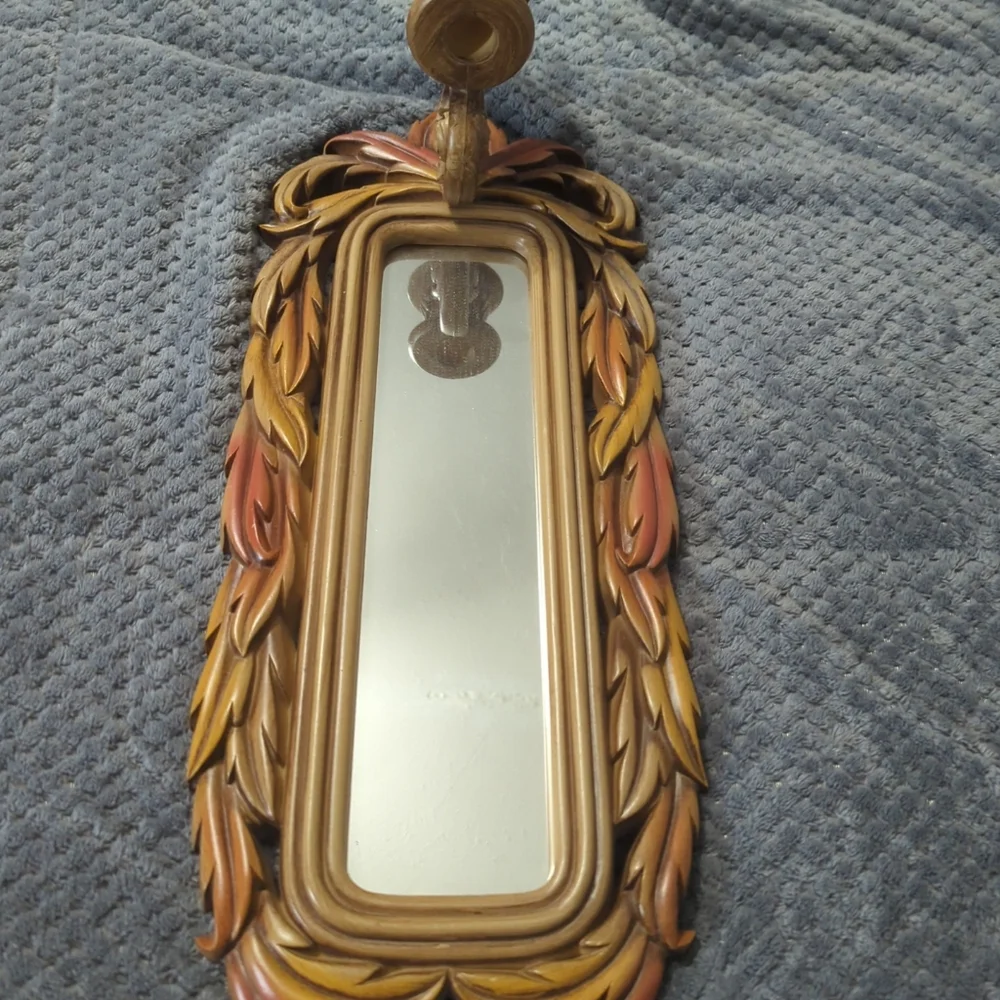 Vintage 1980 BURWOOD 2416 Homco Brown LEAF Mirror WALL SCONCE Candle Holder 23¾